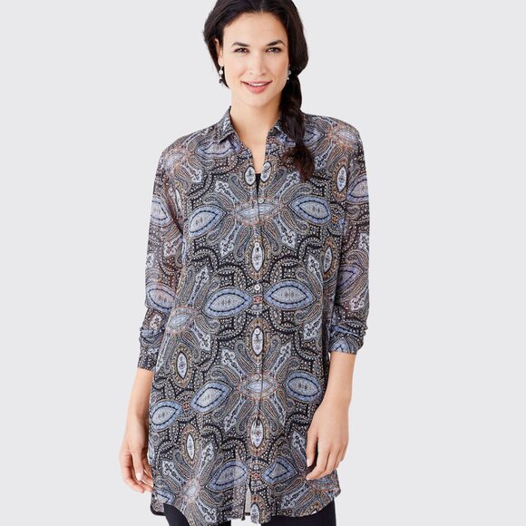 J.JILL Long Sleeve Collar Button Down Multi Color Paisley Sheer Tunic To… - Picture 1 of 13